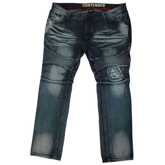 Contender Moto Jeans Men’s 42x34 Distressed Biker Denim Blue Wash - Picture 3 of 11